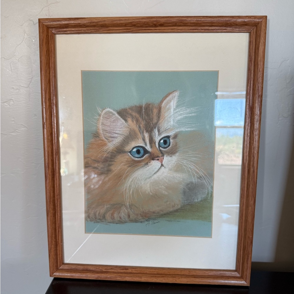 Orange Beige Cat Framed Lithograph‎ Picture, Vintage, Signed By A Steiner 15x12”